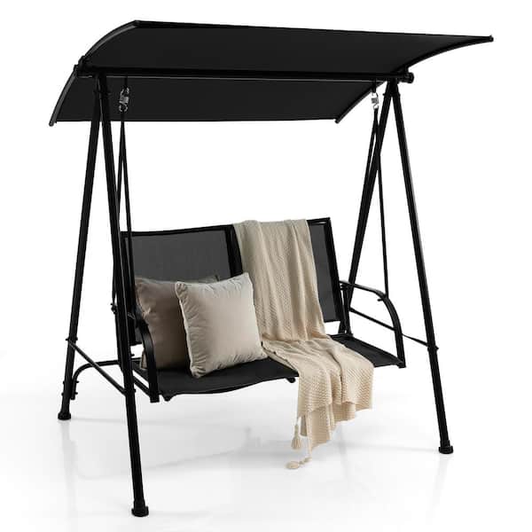 Costway 2-Seat Metal Patio Swing Porch Swing with Adjustable Canopy for Garden Black