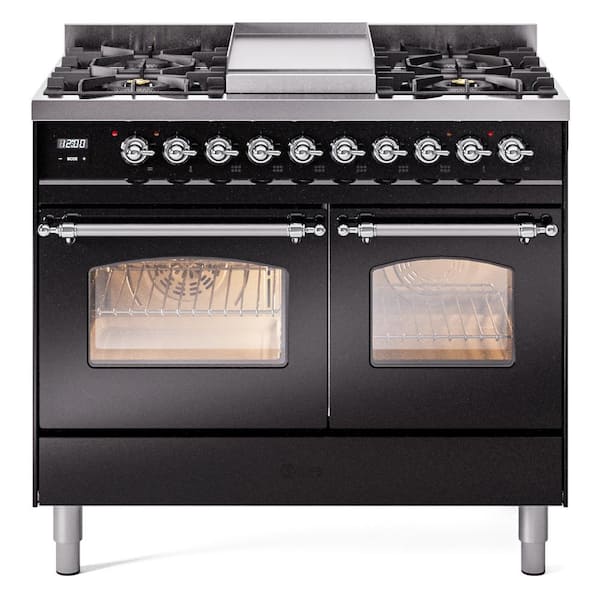 ILVE Nostalgie II 40 in. 6-Burner plus Griddle Double Oven Liquid Propane Dual Fuel Range in Glossy Black with Chrome