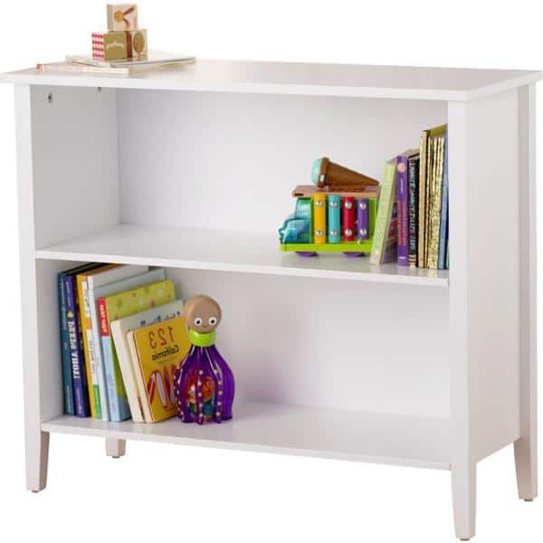 White 2-tier bookcase with books and toys