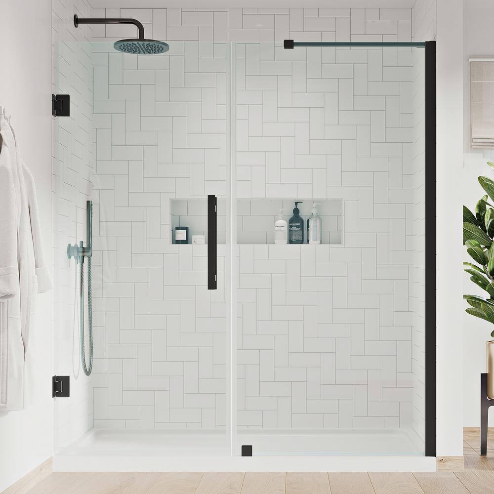 Tampa-Pro 60" Black Frameless Glass Alcove Shower Kit with Acrylic Base