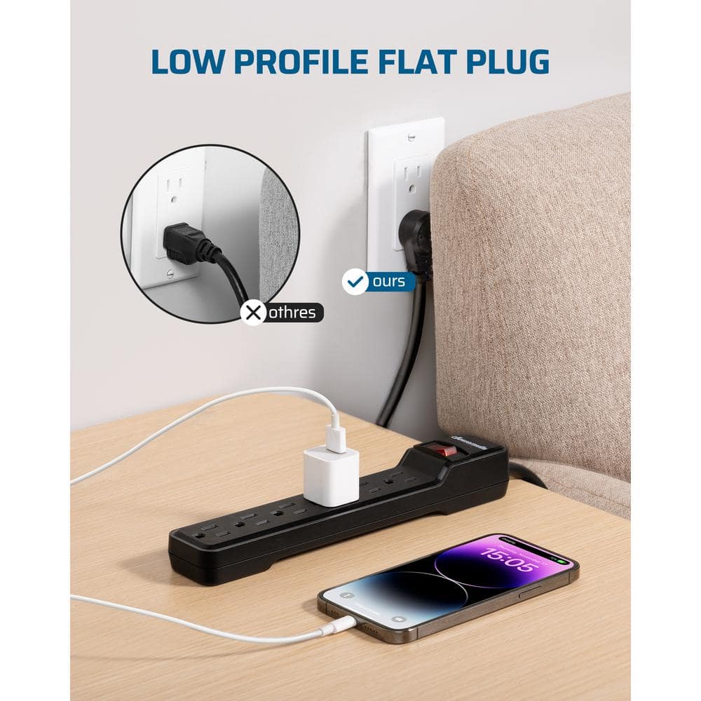 Black 6-Outlet Surge Protector Power Strip with 6ft Cord, 2-Pack