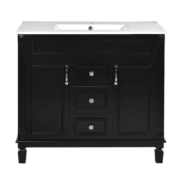 36 in. Black Bath Vanity with White Ceramic Top and Black Mirror Cabinet