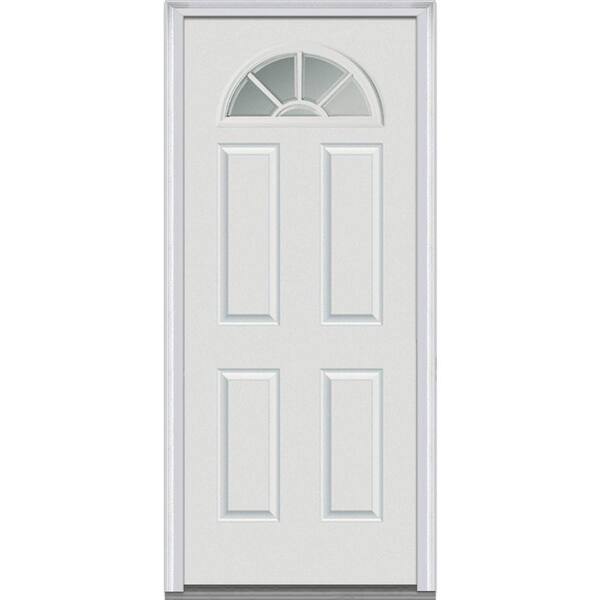 MMI Door 36 in. x 80 in. Clear Right-Hand Round Top 1/4 Lite 4-Panel Classic Primed Fiberglass Smooth Prehung Front Door