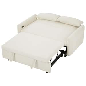 57.5 in. Beige Corduroy Fabric 2-Seater Loveseat with USB Port and Pull-out Design