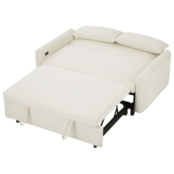 Qualler 57.5 in. Beige Corduroy Fabric 2-Seater Loveseat with USB Port and Pull-out Design