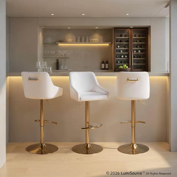 Hannah 45.25 in. White Faux Leather and Gold Metal Adjustable Bar Stool with Rounded T Footrest (Set of 2)