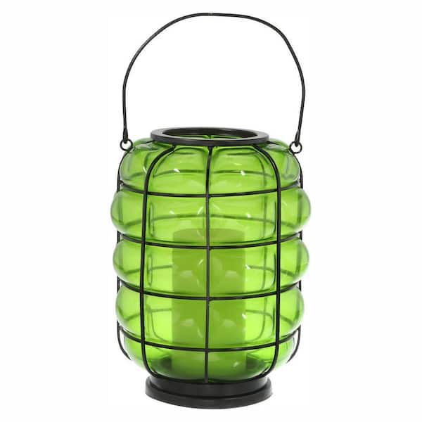 Unbranded Blown Glass Green Lantern with Battery-Operated Candle