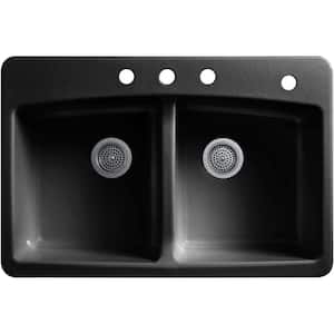 Brookfield Drop-In Cast Iron 33 in. 4-Hole Double Bowl Kitchen Sink in Black