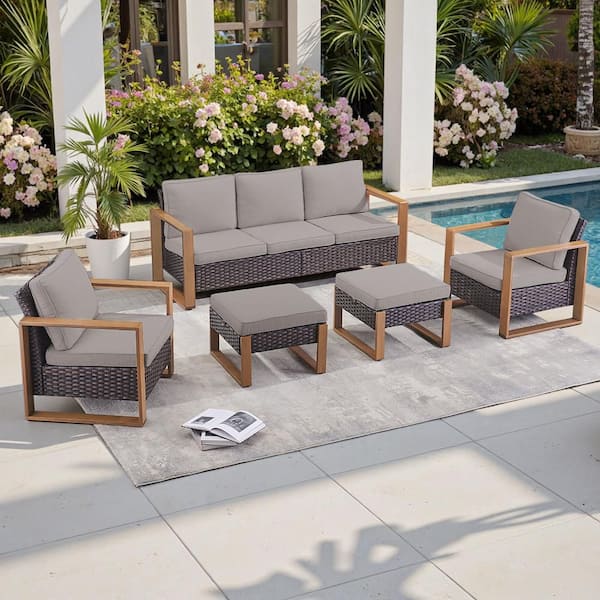 5-Piece Wicker Outdoor Patio Chairs Set Patio Lounge Chair All-Weather for Backyard and Ottoman, with Gray Cushions