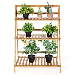 27.5 in. x 15 in. x 37.5 in. Indoor/Outdoor Natural Bamboo Wood Ladder Plant Stand 3-Tier