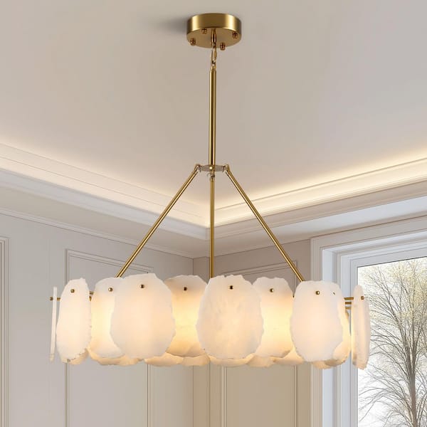 31.4 in. 1-Light Dimmable Integrated LED Brass Alabaster Chandelier, Circle Luxury Marble Kitchen Island Chandelier
