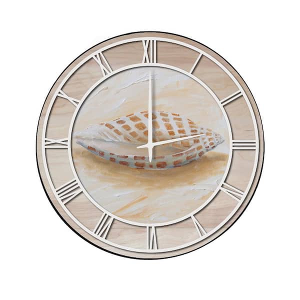 Unbranded "Sea Shell #4" Woodgrain Accent and White Numbers Imaged Wall Clock