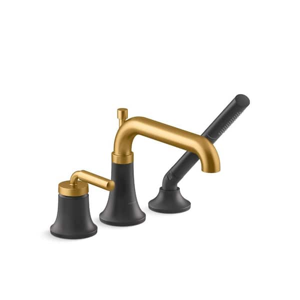 KOHLER Tone Single-Handle Deck-Mount Roman Tub Faucet with Hand shower in Matte Black with Moderne Brass