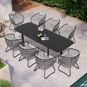 9-Piece Aluminum Faux Rattan Outdoor Dining Set with Washed Gray Cushion and Extendable Table