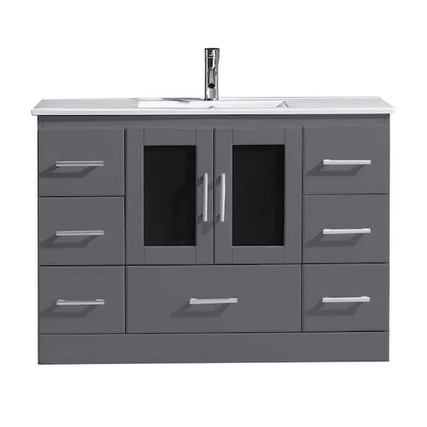 Virtu USA Zola 48 in. W Bath Vanity in Gray with Ceramic Vanity Top in Slim White Ceramic with Square Basin