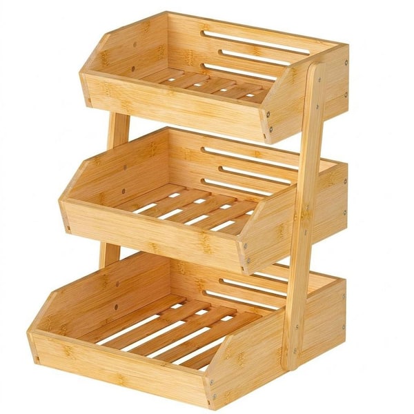 3 Tier Bamboo Fruit Basket with 2 Banana Hangers, Large Countertop Fruit and Vegetable Storage Bowl