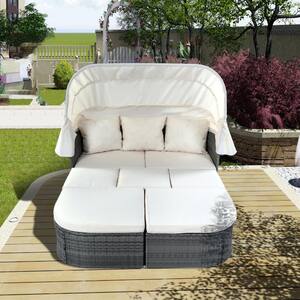 Gray Wicker Outdoor Day Bed Sunbed Furniture Sofa Set with Beige Cushion, Retractable Canopy