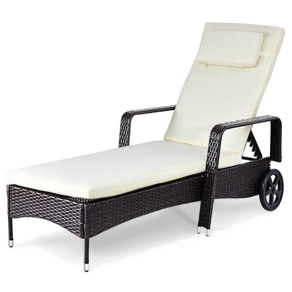 Costway Patio Rattan Wicker Outdoor Lounge Chair with White Cushions Chair Recliner Furni Adjustable Back Wheel