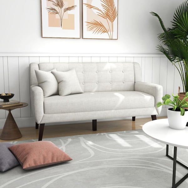 Uixe 62.99 in. W Modern Beige Straight Arm Linen Upholstered Button 2-Seater Loveseat with 2-Pillows