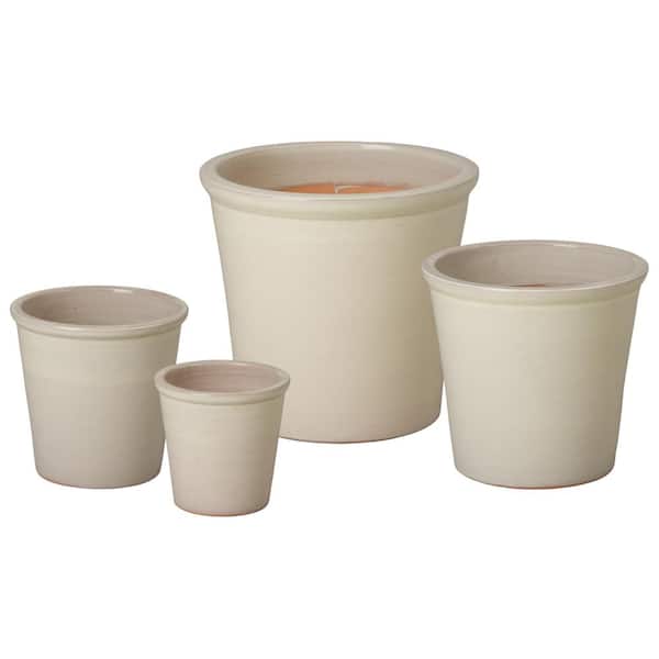 Emissary Pail 7in., 10in., 12in., 15in. H Cream Ceramic Round Planters with Drainage holes (Set of 4)