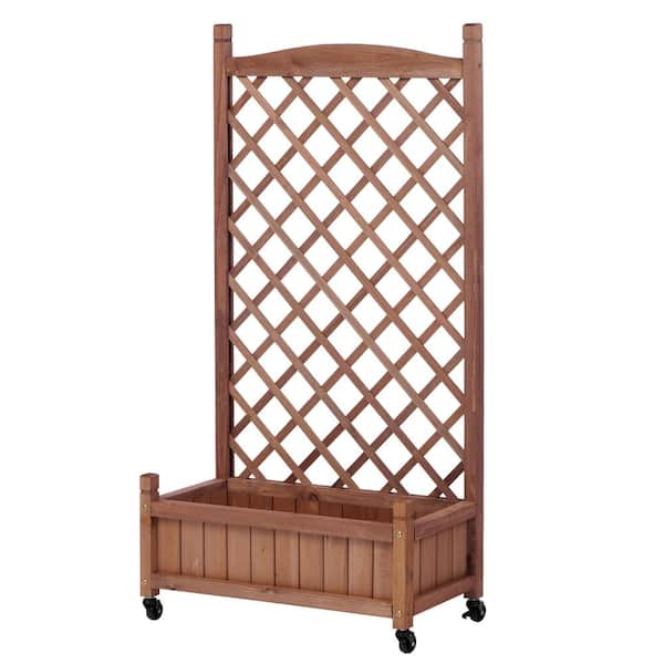 Unbranded 25 in. x 11 in. x 42 in. Brown Wooden Raised Garden Bed Planter Box with Trellis on Wheels Legs, for Flowers(2 Pack)
