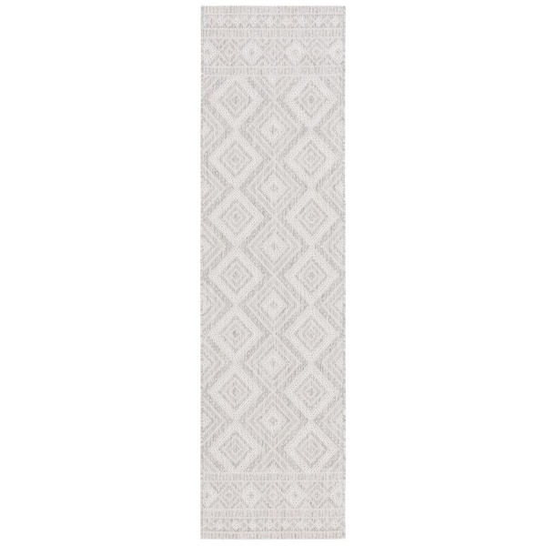 SAFAVIEH Courtyard Ivory/Light Gray 2 ft. x 8 ft. Border Diamond Indoor/Outdoor Runner Rug