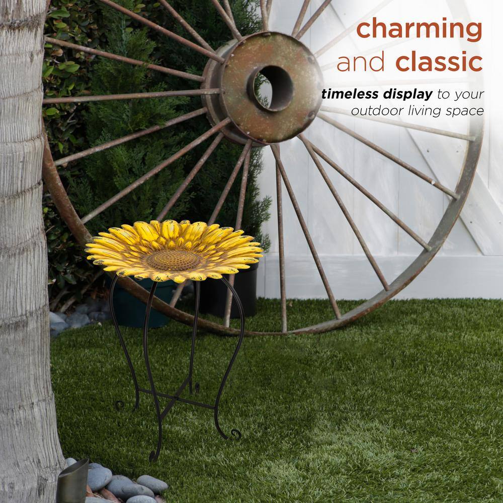 Yellow Metal Sunflower Bird Bath with Stand, 19"