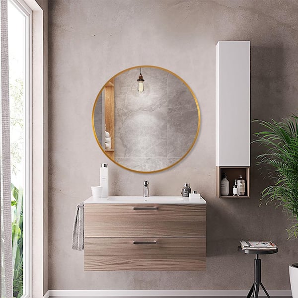 Neu Type Medium Round Gold Shelves, Round Gold Bathroom Vanity Mirror