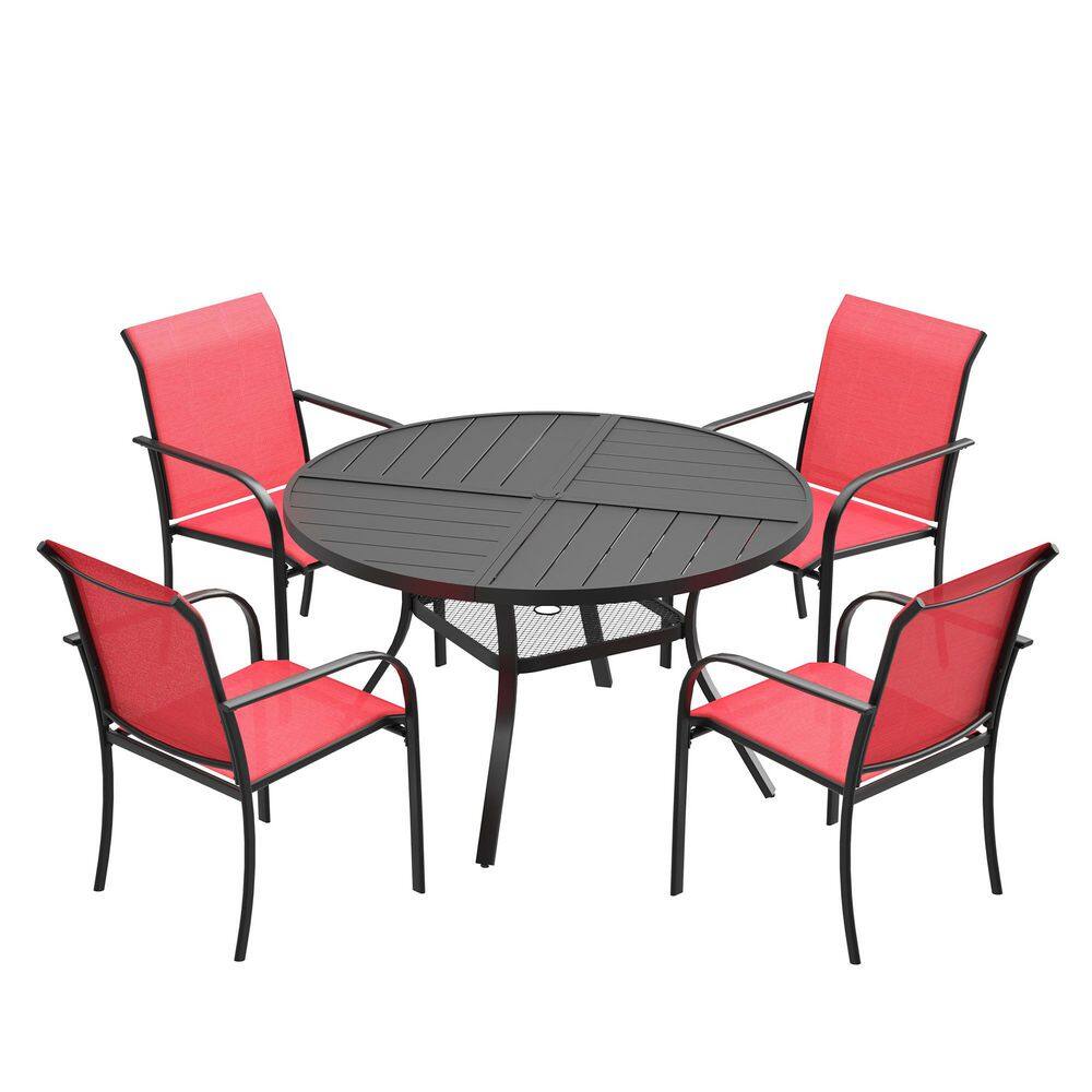 5-Piece Metal Outdoor Patio Dining Set with 40.6 in. Black Round Table and 4-Red Dining Chairs price history on PriceWatchPro