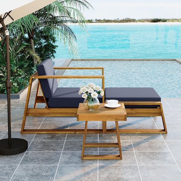 Acacia Wood Outdoor Lounge Daybed Set-Chair and Footstool(3-Pack