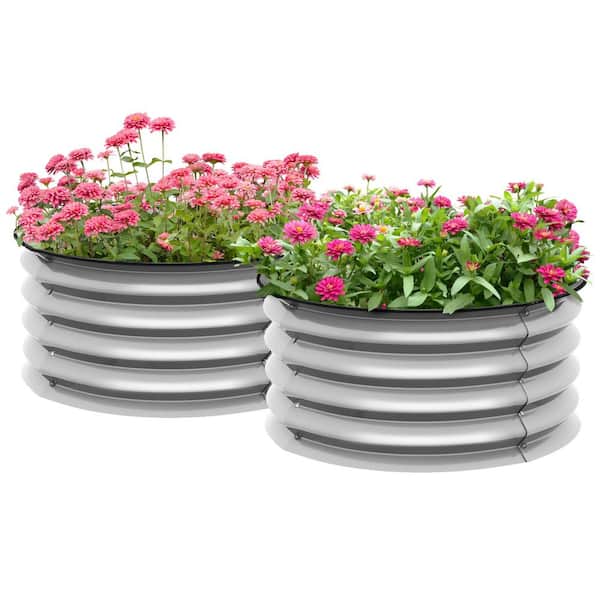 Jushua Steel Raised Garden Bed, Outdoor Plant Planters with Safety Edging, Easy-to-assemble Stock Tanks, Silver (2-Pack)