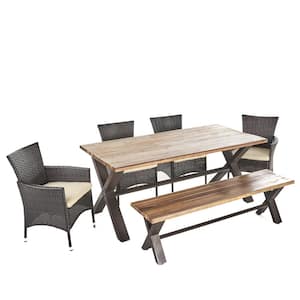 Greta 6-Piece Acacia Wood Rectangular Outdoor Dining Set with Bench and Beige Cushions