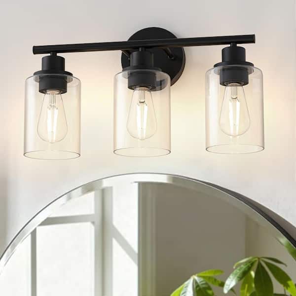 17 in. 3-Light Matte Black Modern Bathroom Vanity Light with Clear Glass Shades for Bathroom, Mirror, Powder Room