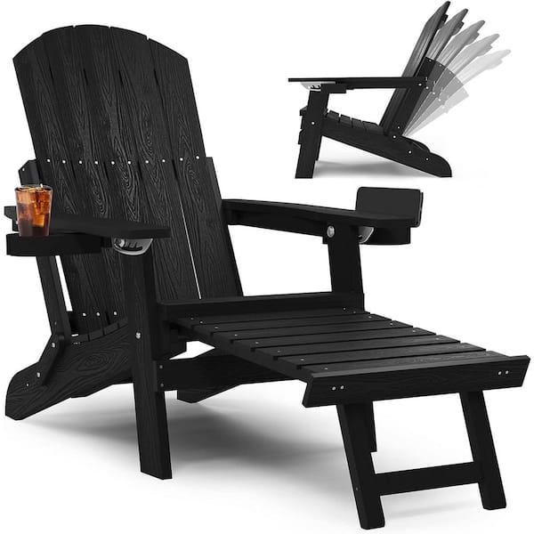 Black HIPS Outdoor Plastic Folding Adirondack Chair with Retractable Ottoman, Adjustable Backrest and Cup Holders