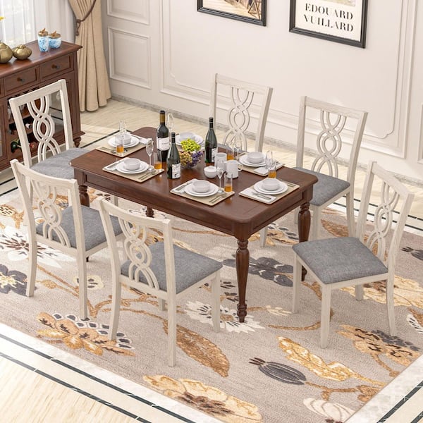 VECELO Farmhouse Dining Chairs Set of 6, Upholstered Gray Dining Chair with Lattice Back, Wooden Frame