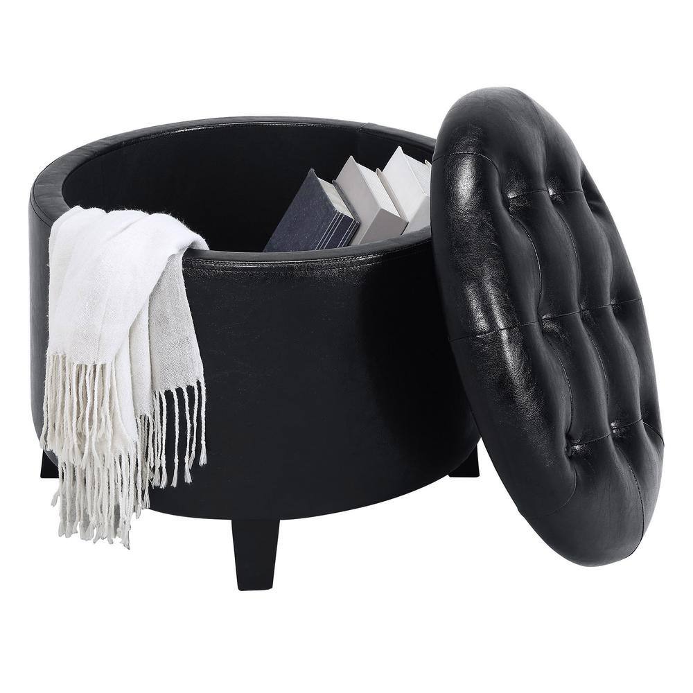 Elegant Traditional Black Faux Leather Round Storage Ottoman with Tufted Lid