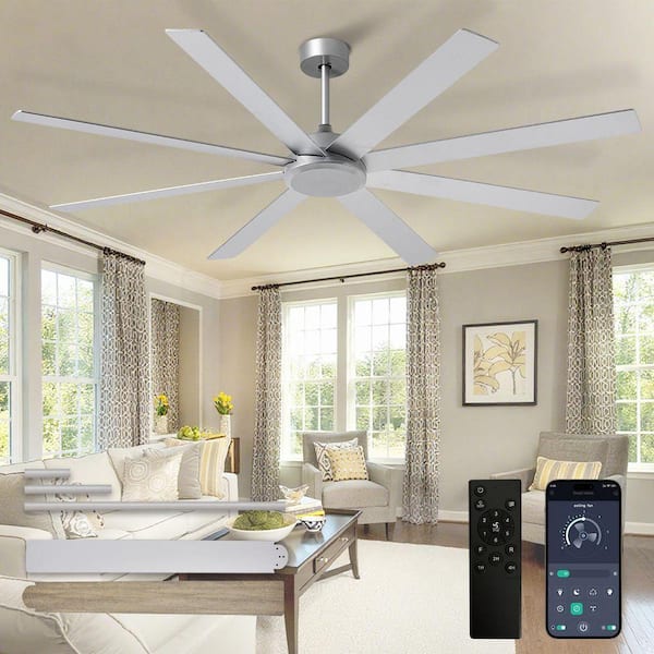 72 in. White Brushed Sliver Wood 8 Blades Downrod Mount Large Ceiling Fans with No Lights Included Remote APP Control
