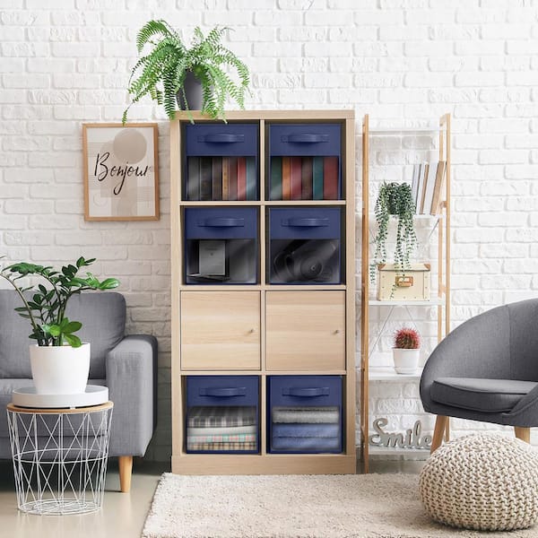 Foldable Storage Cubes with Handles and Clear Window, Navy Blue 13 in. x 13 in. Fabric Decorative Basket (Set of 6)