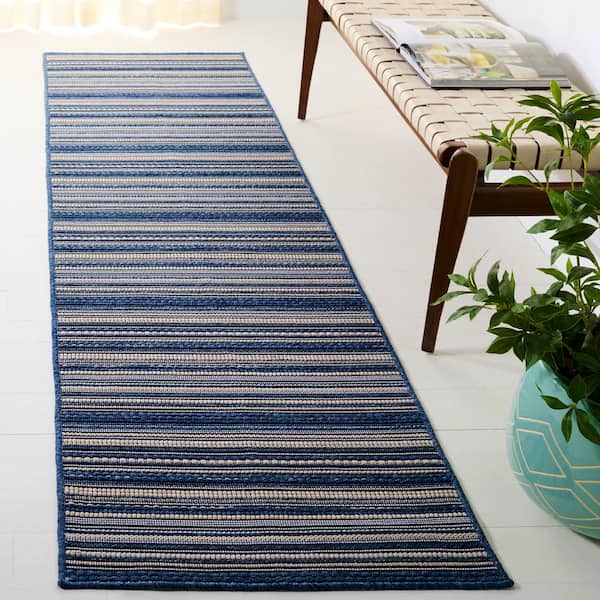 Escape 2 ft. x 8 ft. Blue/Beige Striped Washable Runner Rug