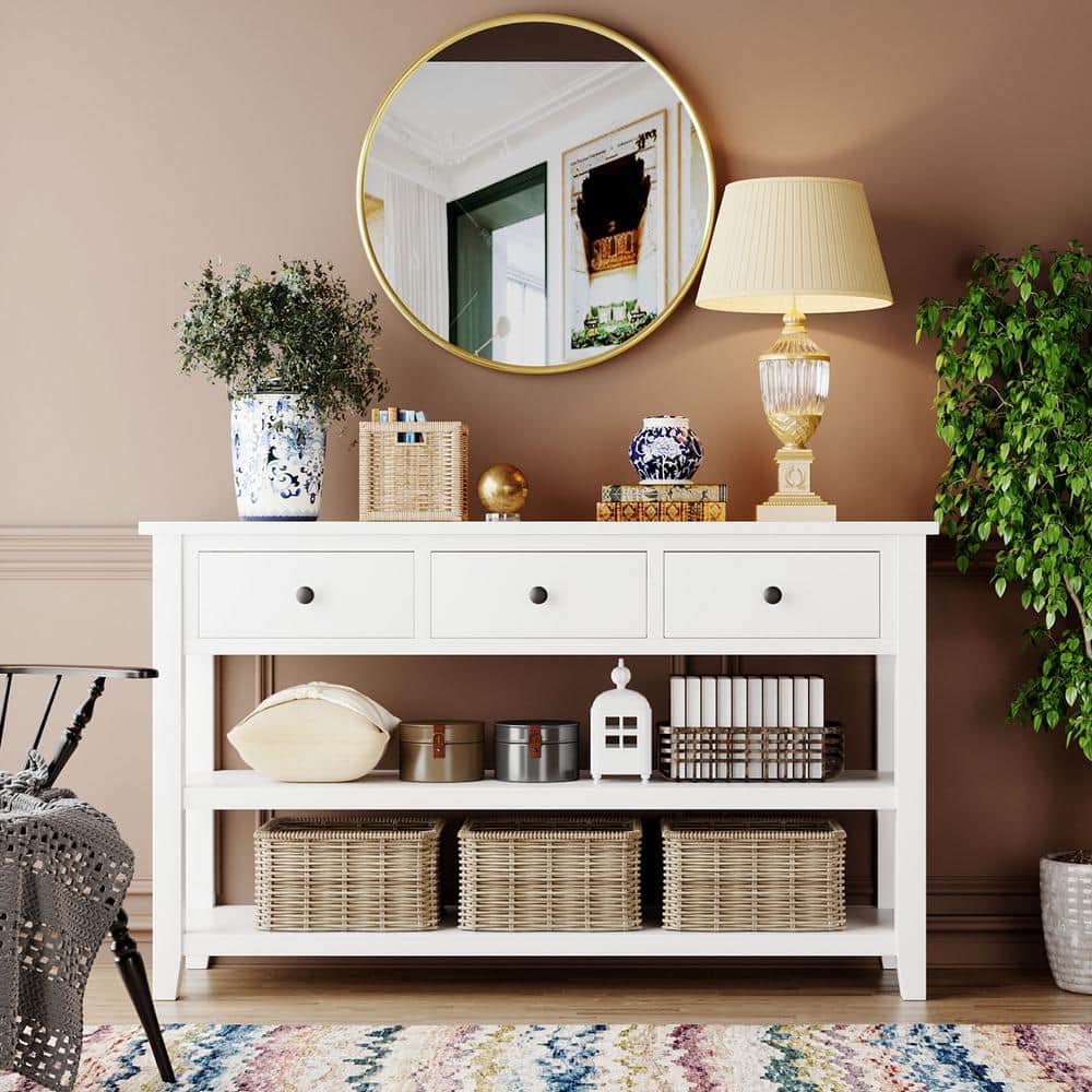 White Pine Wood Console Table with Storage Shelves and Drawers