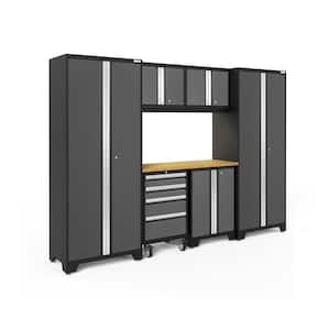 Bold Series 108 in. W x 76.75 in. H x 18 in. D Steel Cabinet Set in Gray ( 7- Piece ) with 600 sqft Flooring Bundle