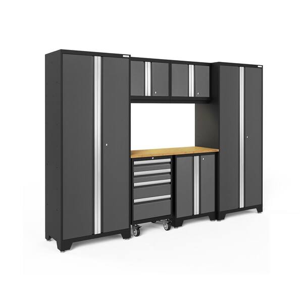 NewAge Products Bold Series 108 in. W x 76.75 in. H x 18 in. D Steel Cabinet Set in Gray ( 7- Piece ) with 600 sqft Flooring Bundle