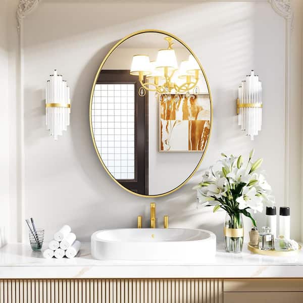CLAVIE 24 in. W x 36 in. H Large Oval Wall Mirror Stainless Steel Frame Bathroom Mirrors Bathroom Vanity Mirror in Brushed Gold