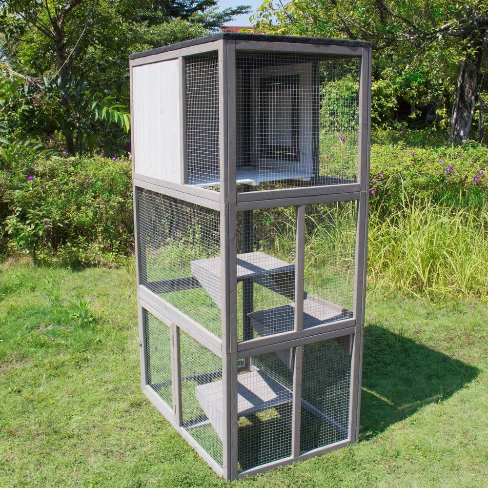 Gray and White Wooden Outdoor Cat House with Climbing Platforms