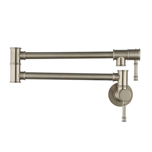 Residential Wall Mount Folding Pot Filler Kitchen Faucet with Dual Handles and Rotating Spout in Brushed Nickel