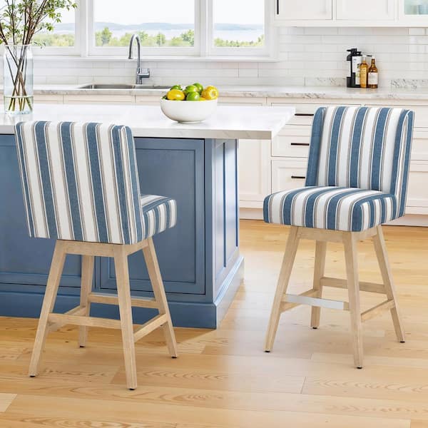 LUE BONA Joyce 26 in. Blue White Striped Fabric Upholstered Swivel Bar Stool with Solid Wood Leg Counter Stool (Set of 2)