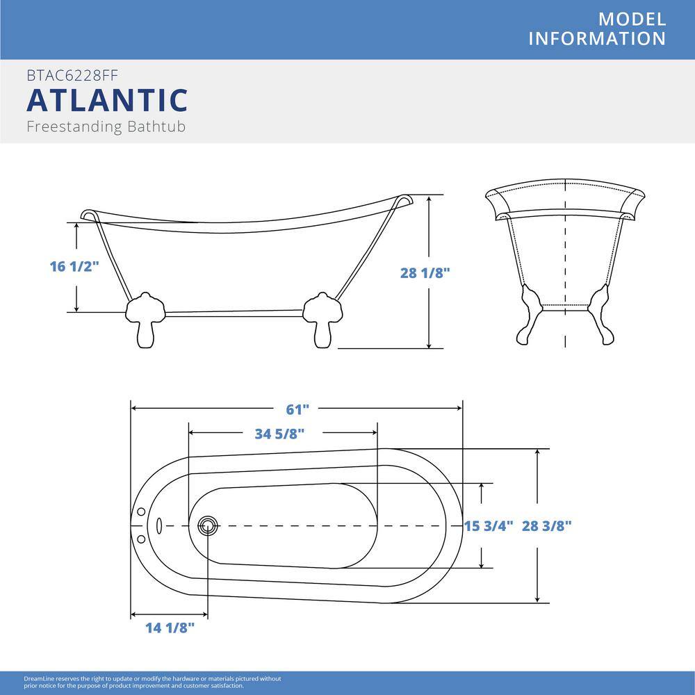 61" White Acrylic Freestanding Clawfoot Bathtub