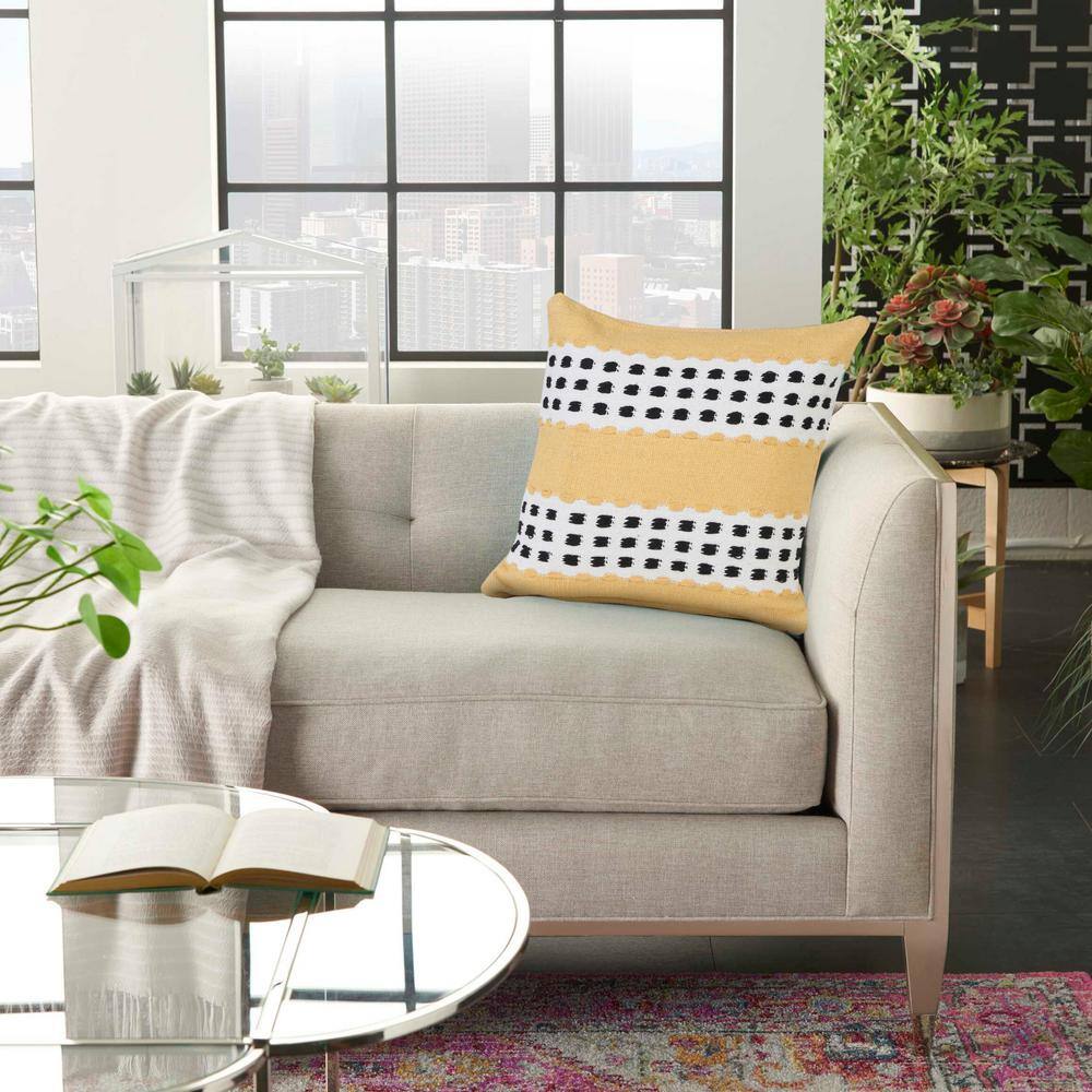 Yellow and Black Cotton Striped 20" Square Throw Pillow