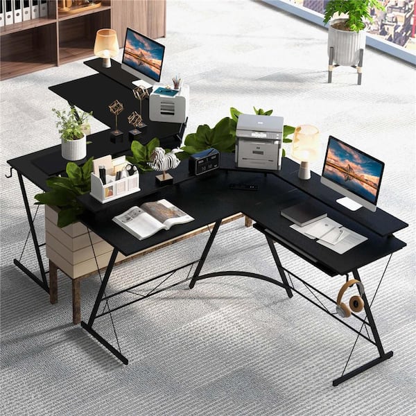 Costway 51 in. L-Shaped Black Wood Desk with Power Outlet