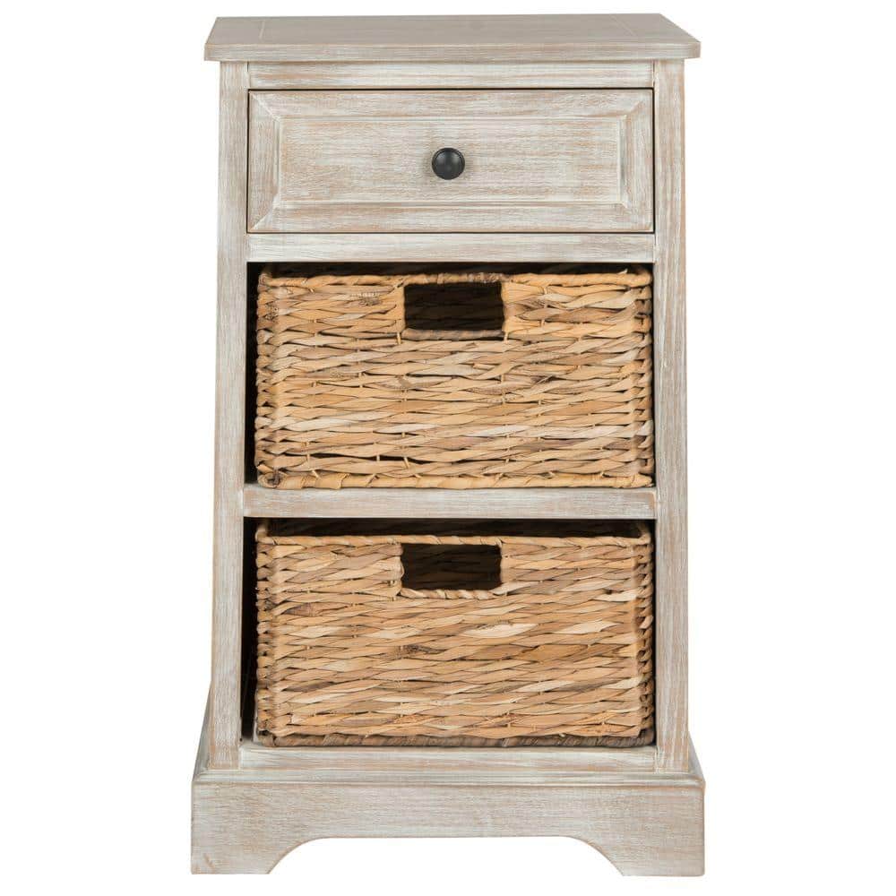 Beige Transitional Storage Side Table with Woven Baskets